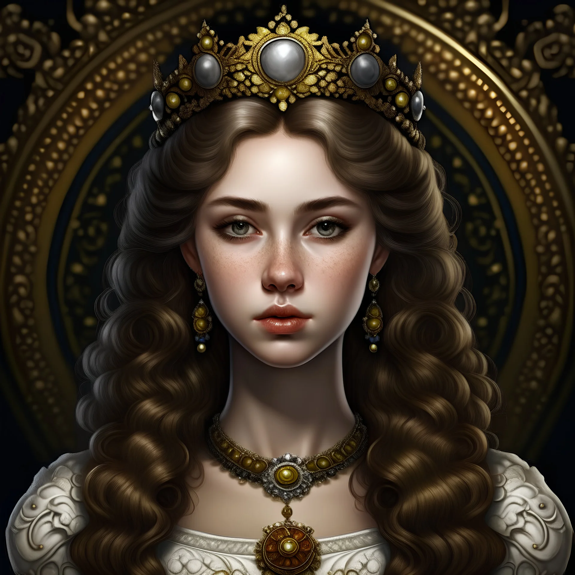 hyper realistic queen woman with black eyes, white skin, long curly brown hair from the front, inside a circle, epic royal background, big royal uncropped crown, royal jewelry