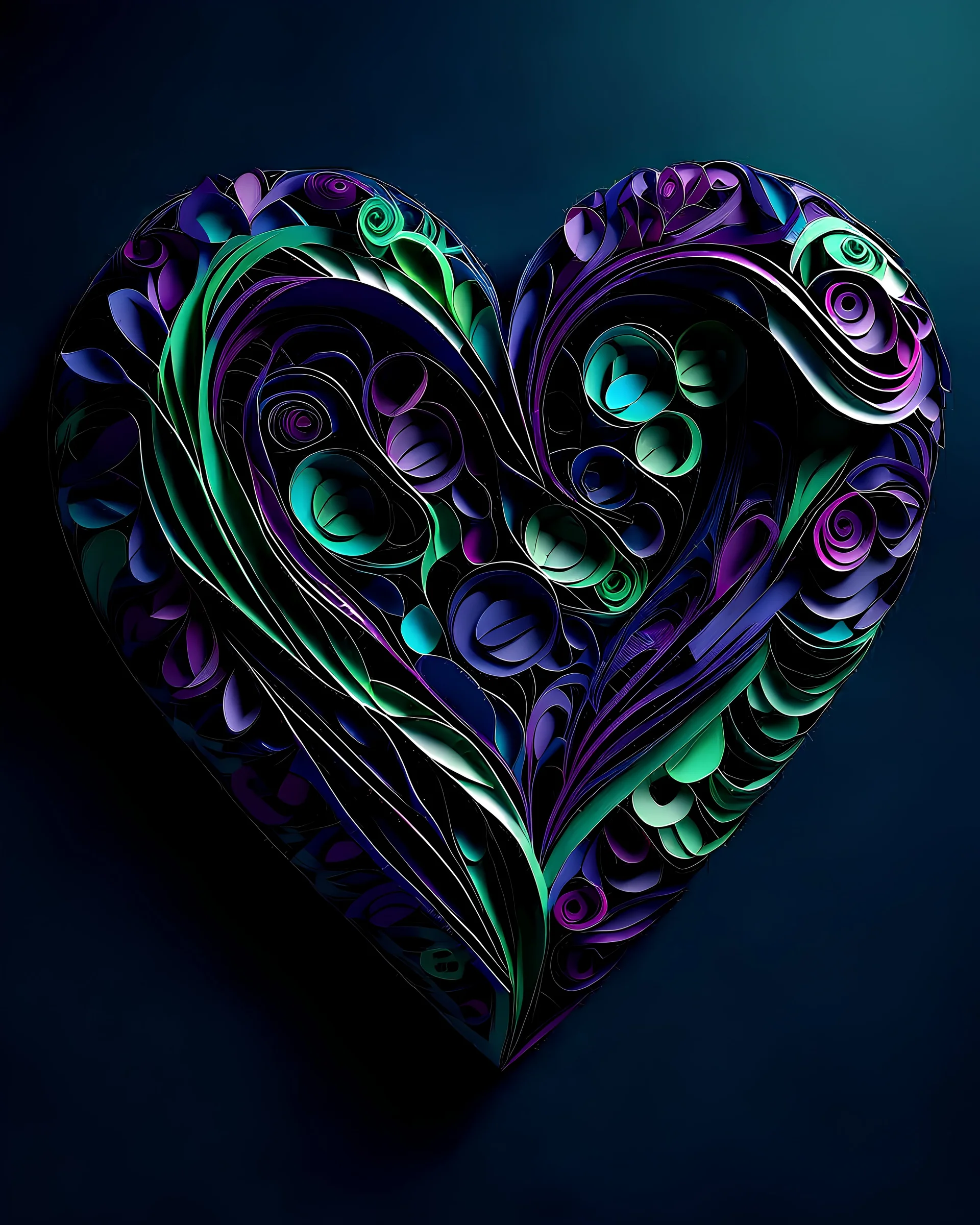 make a 3d heart made of various crafts. use dramatic light in purple green blue pink on a dark background