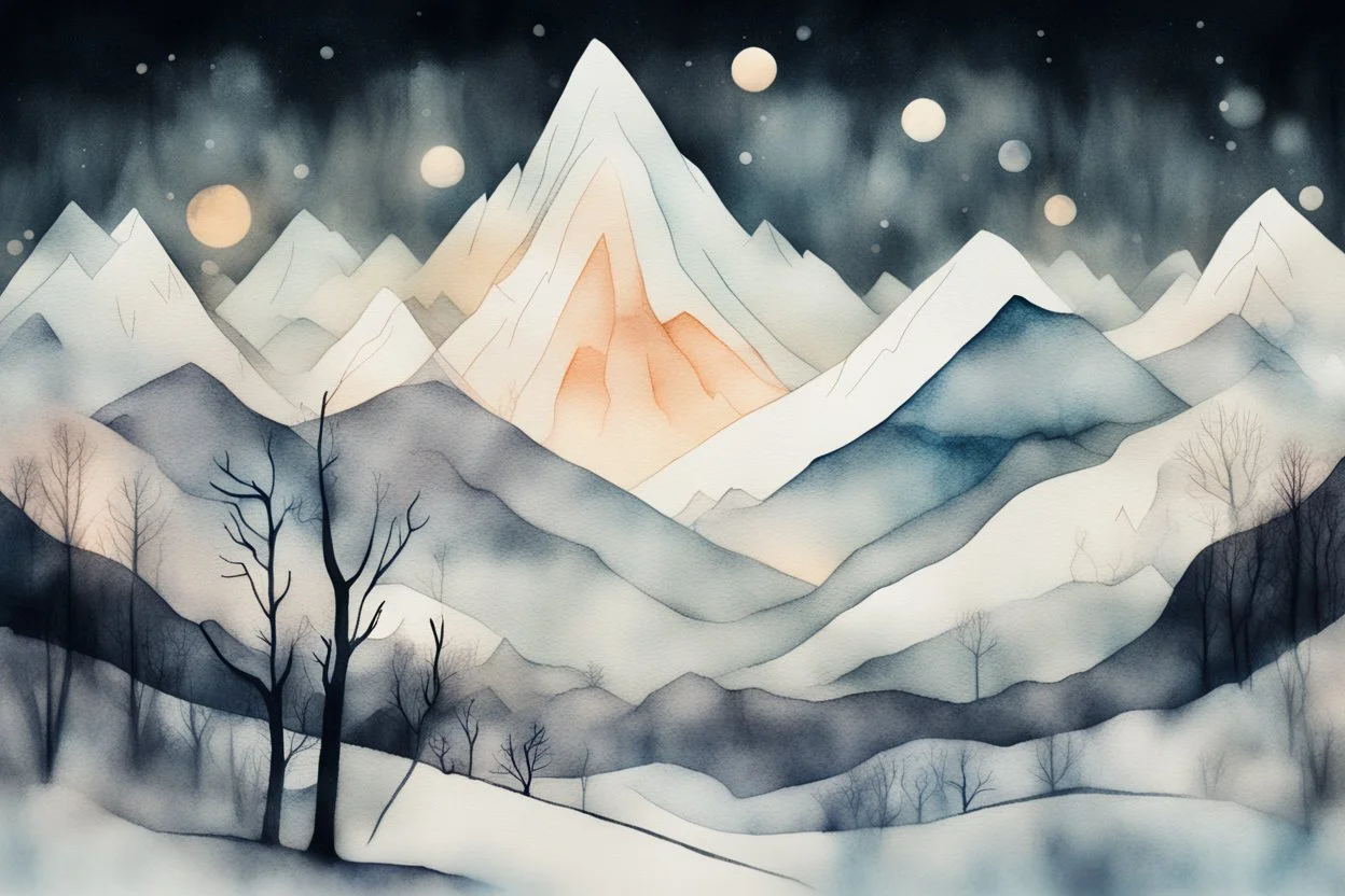 double exposure, merged layers, Covered Mountains in snow cold winter at night, styles of Paul Klee Dee Nickerson and Tim Burton, cute chibi scary monster, melting watercolor and black ink outlines on wet paper, soft, shading strokes, in sunshine, ethereal, otherwordly, cinematic postprocessing, bokeh, dof