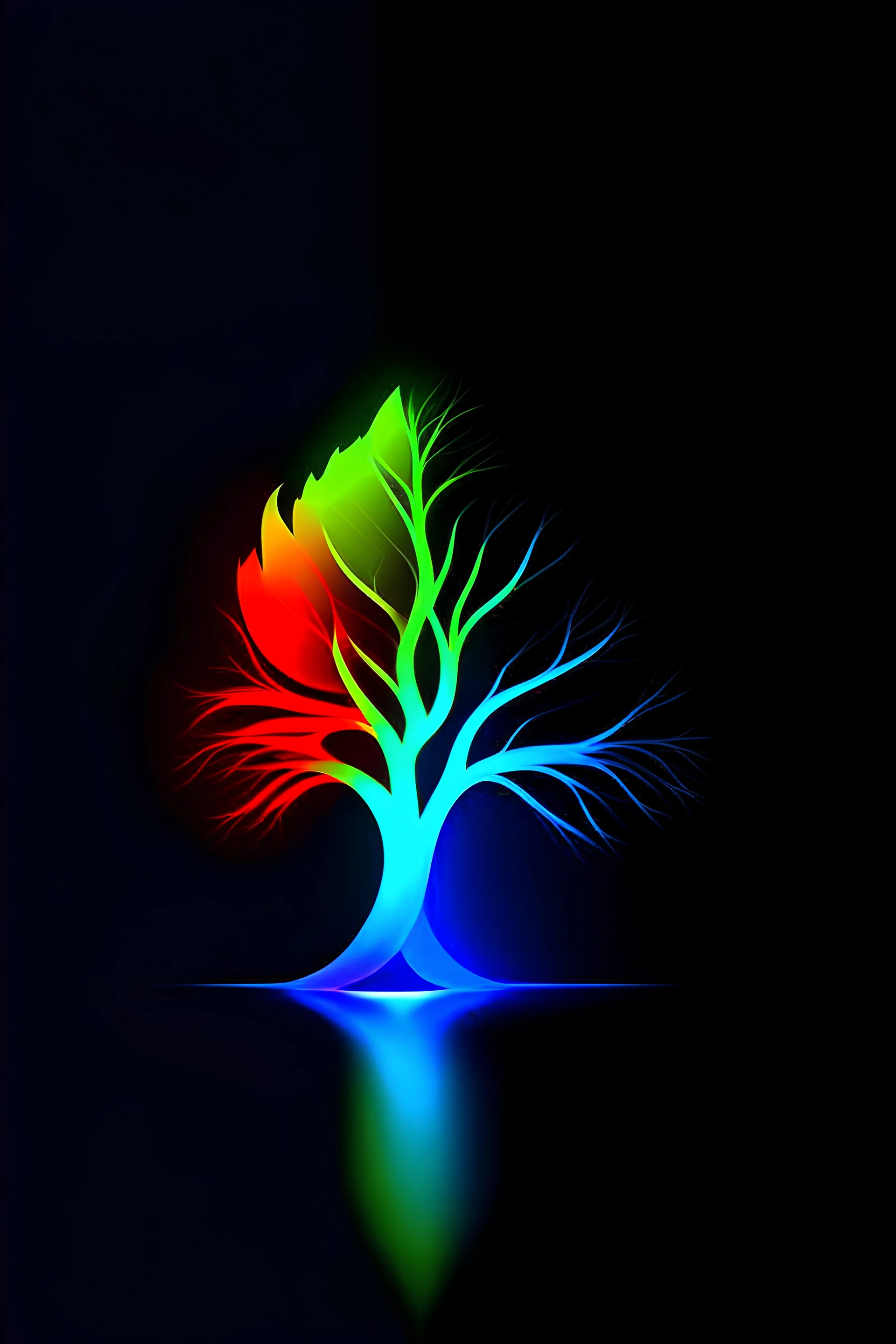 logo, autumn tree, branches, fluorescent red, fluorescent blue. leaves, fluorescent yellow and fluorescent green, falling, line art, fluo