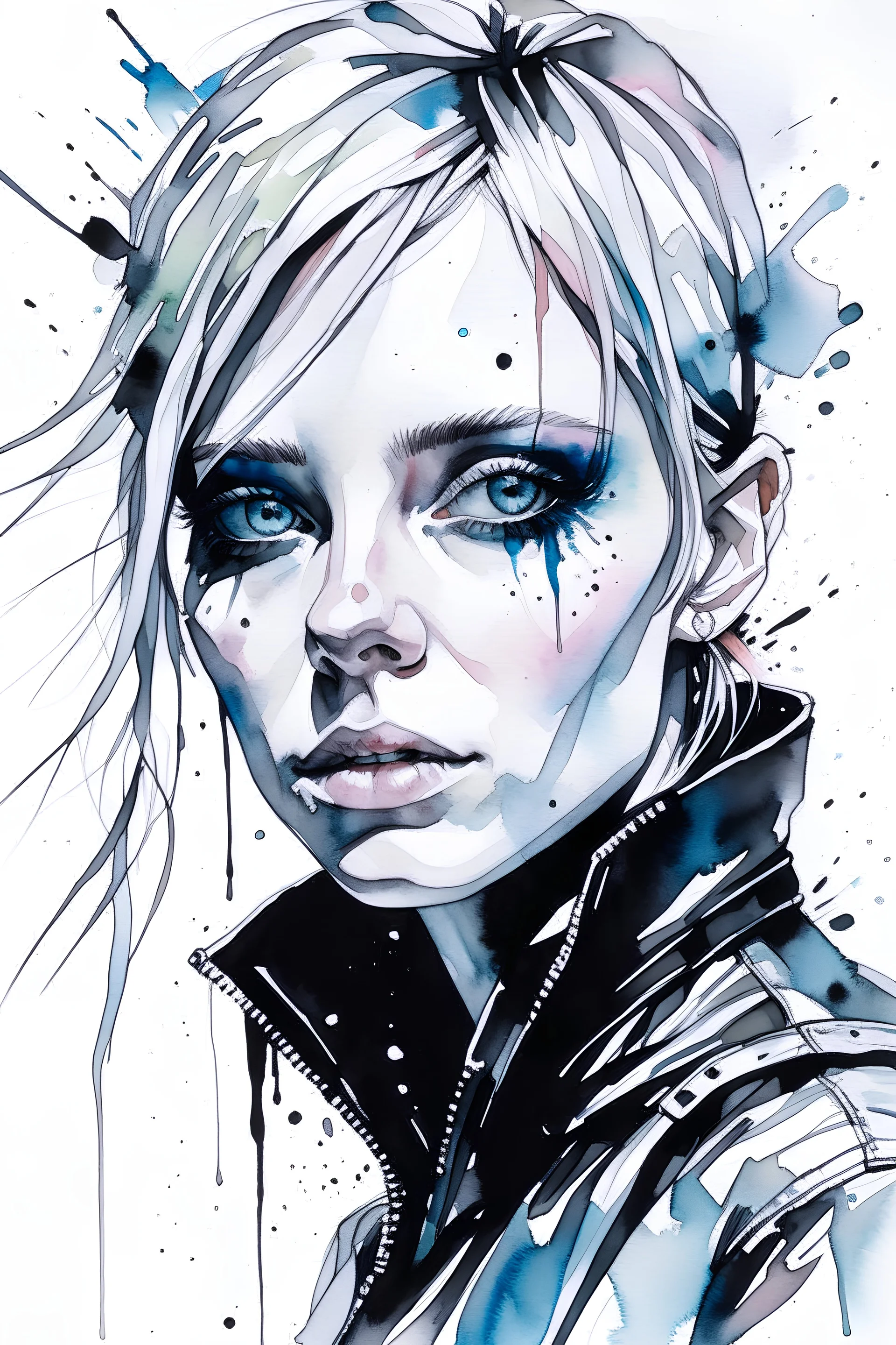 Singer Danish MØ face, Style cyberpunk, watercolor illustration by <agnes cecile> <John Kenn Mortensen> <Yoji Shinkawa>,