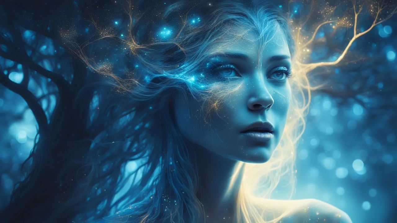 The photo is in a bioluminescent and bioluminescent art style depicting a divine tree woman, double exposure, Bioluminescent dewy translucent glowing skin, ethereal glowing eyes, long neck, perfect face in ultra-realistic details, blue hues, flowing hair, The composition imitates a cinematic film with dazzling, gold and silver lighting effects. Intricate details, sharp focus, crystal clear skin create high detail. 3d, 64k, high resolution, high detail, computer graphics, hyperrealism, f/16, 1/30