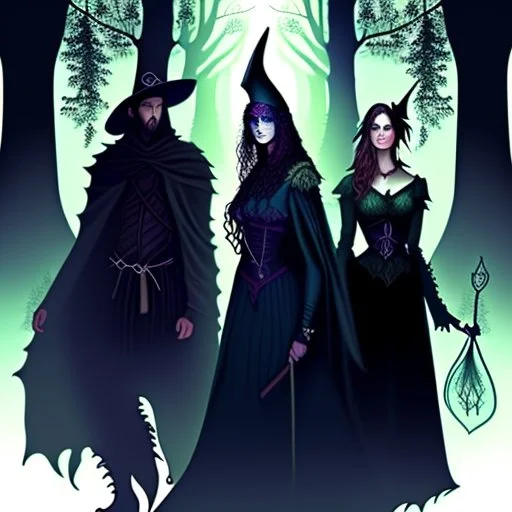 A group of four characters from a fictional book world. A witch, a gladiator, a thief, and an enchanter. The characters are in a dark forest. The characters are shrouded in mystery.