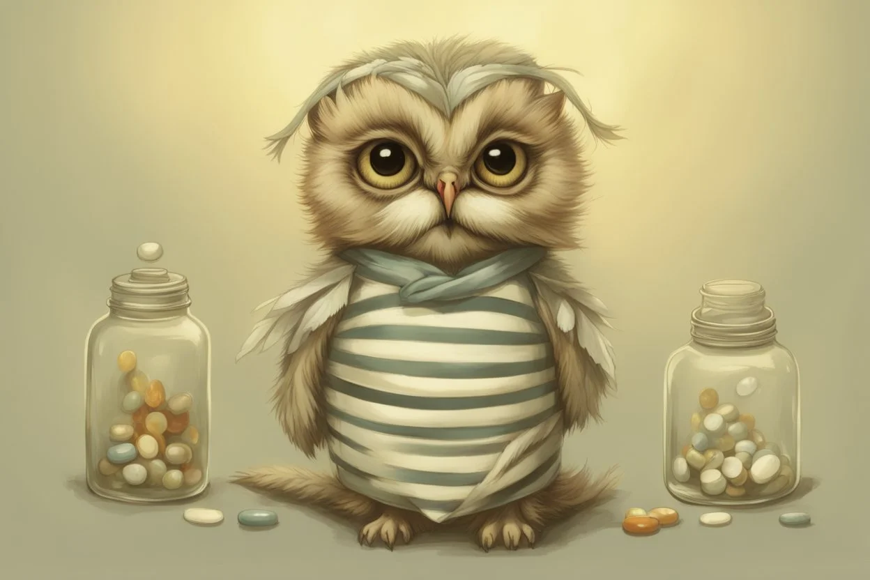 Jean-Baptiste Monge style. Full body of a humanoid biomorph kitten-owl faced nurse in hospital. Pills in jars and piles. A furry striped dress, covered with owl feathers, in sunshine