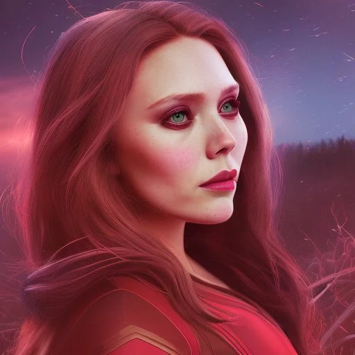 Feiticeira escarlate, Elizabeth Olsen, feiticeira, magia, rosto detalhado belo, bonita, cenário em um campo de flores, cinematográfico, dramático, por do sol, campo de flores, cores frias