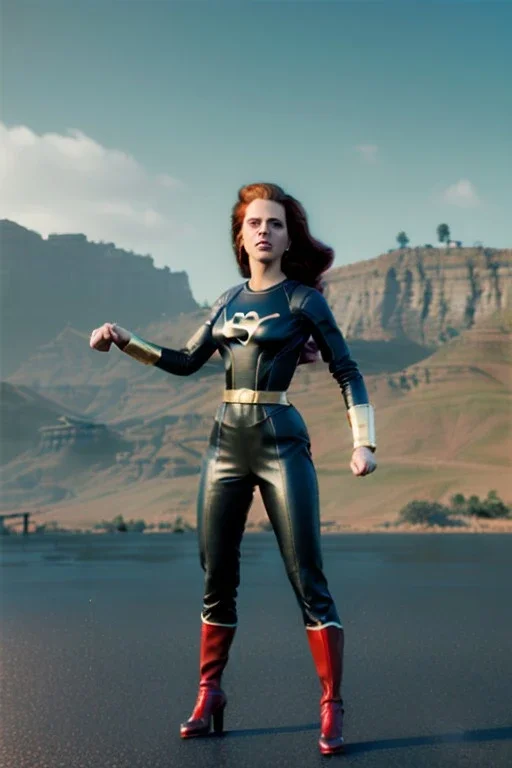 retro portrait image from 1960, sky background, wind, long red hair, fighting stance, sweet young Scarlett Johansson, black dress, classic long tight lycra black suit, gold bracelet and belt, high heel boots, superhero style, soft color, highly detailed, unreal engine 5, ray tracing, RTX, lumen lighting, ultra detail, volumetric lighting, 3d, finely drawn, high definition, high resolution.