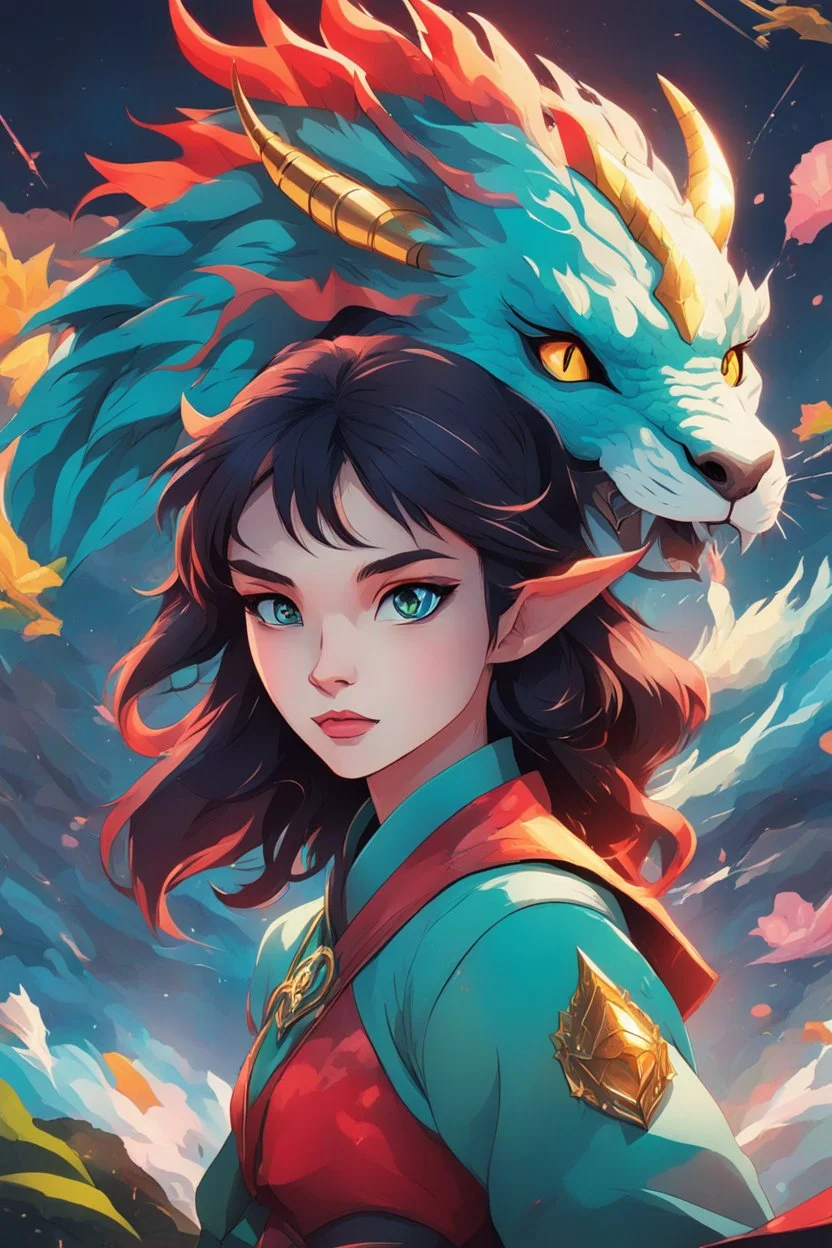 A dragon mixed with a mythical lion and a human female elf.Dramatic and powerful look and feel. Extensive attention to details. Bold lines. Vivid colors. 80s style retro anime art. Double exposure. cartoon style. cratoon style