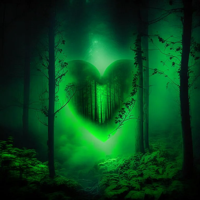 green fog in the forest at night with an electric heart