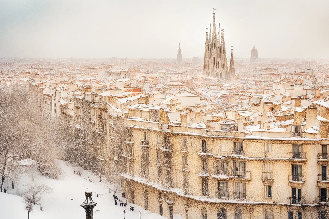 Barcelona in the snow in the sunshine, watercolor and black ink outlines, sparkling golden glitter, ethereal, cinematic postprocessing, bokeh, dof