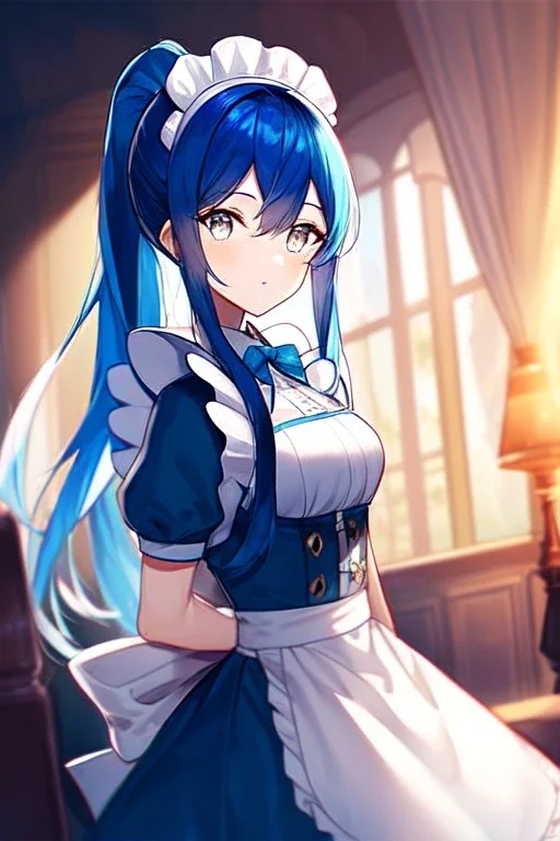 girl, masterpiece, best quality, cinematic lighting, detailed outfit, vibrant colors, perfect eyes, blue hair, long hair, white eyes, ponytail, maid, indoors,