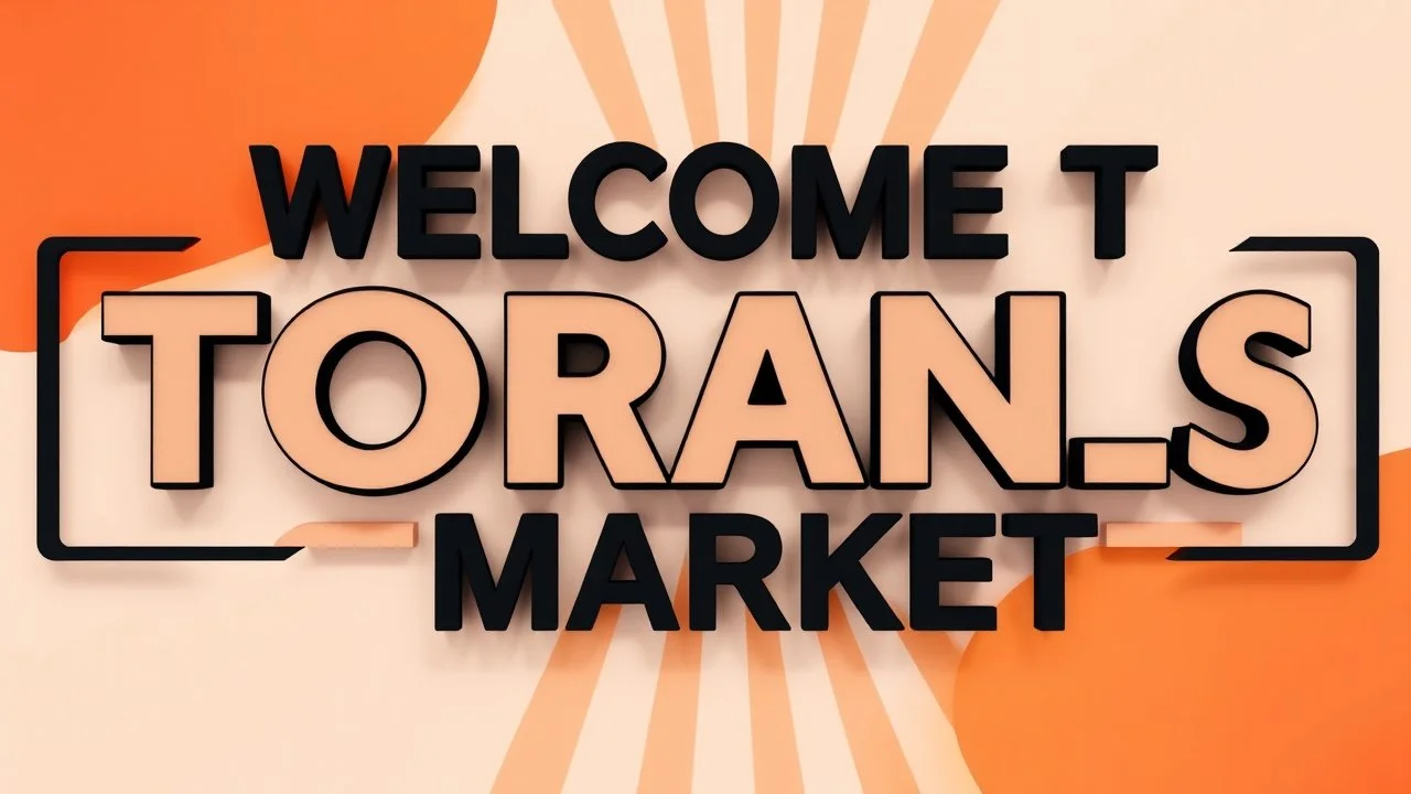 A design with the words (WELCOM TO TORANJ PLUS MARKET) in the middle of the image in a raised and three-dimensional manner with black shadows on an orange, red and white background in a sacudolic atmosphere.