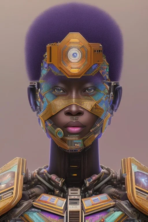 african head portrait, warrior costume, village, meditation, woods, galaxy sky, 8k quality , portrait,beautiful african robotic , post-apocalyptic in a cyberpunk city, realistic, intriacte detail, sci-fi fantasy style, volumetric lighting,24mm , particales,highly detailed,cinematic, deep purple , green eyes .