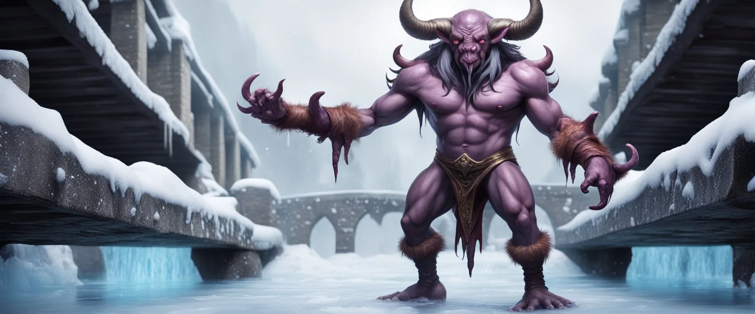 full body minotaur psionic master illithid santa gremlin in threatening pose in swimsuit on ice stone bridge, in front of mirror