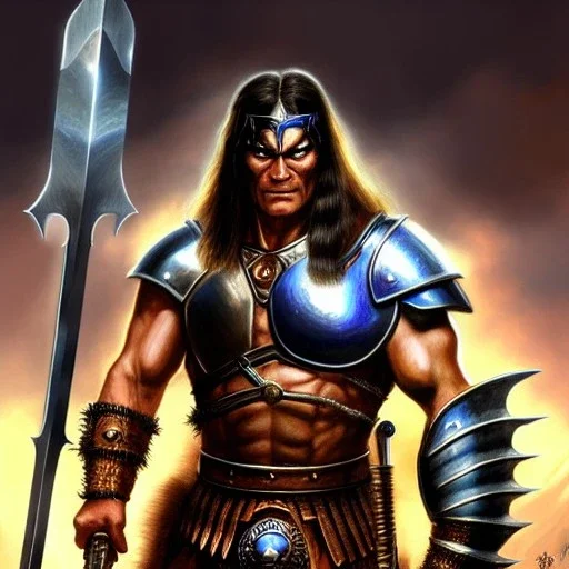 ultra detailed fullbody portrait of Conan, intense stare ,wearing metal armor, Holding Conan The Barbarian Atlantean Sword,extremely detailed digital painting, intrincate, extremely detailed face, in the style of Ohrai Noriyoshi and robert e howard and pablo oliveira and ARTGERM and Ken Kelley and Keith Parkinson,mystical colors,perfectly centered image, perfect composition, rim light, beautiful lighting,8k, stunning scene, raytracing