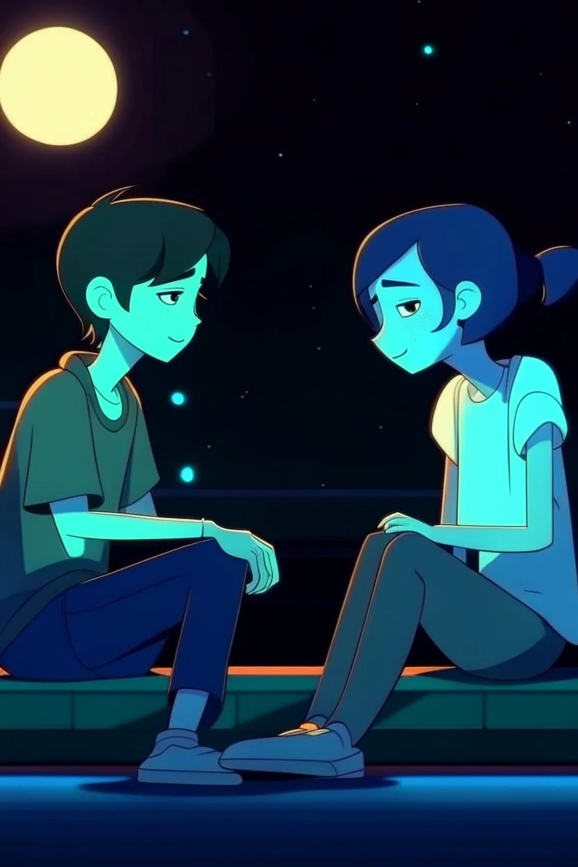 2D animasyon gece oturmuş birbirleri ile sohbet eden 2 kız kısa saçlı