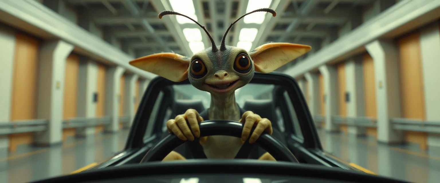 car driving happy 2d insect anime fluffy slimy alien okapi gremlin man in the style of Escher and Giger and Fallout 4, pinhole cam, airbrush 3d rendering, on tv screen:A five-second cinematic single take in a clean industrial presentation hall.
