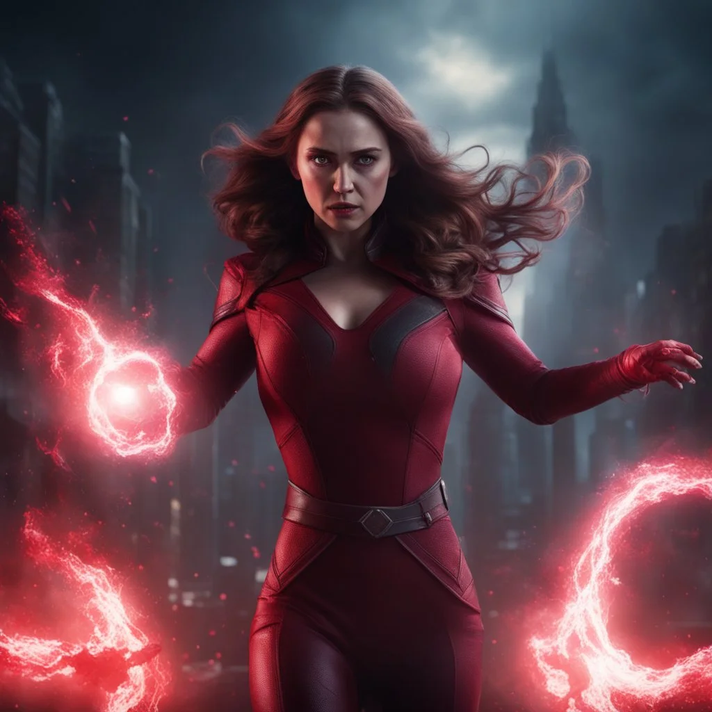 wanda maximoff com olhos vermelhos de magia, destruindo tudo, mulher ameaçadora, terror, 4k render, cores escuras, cinematográfico