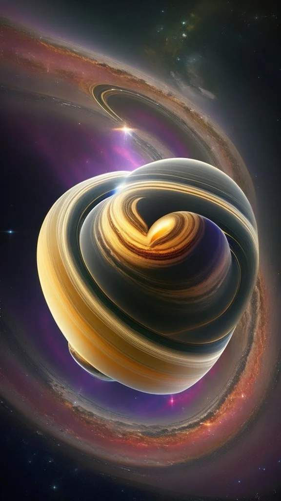 heart-shaped planet in space, with saturn rings , photorealistic