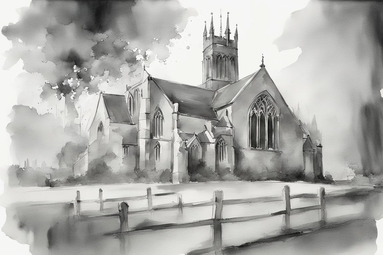 an English church in black and white wet watercolour