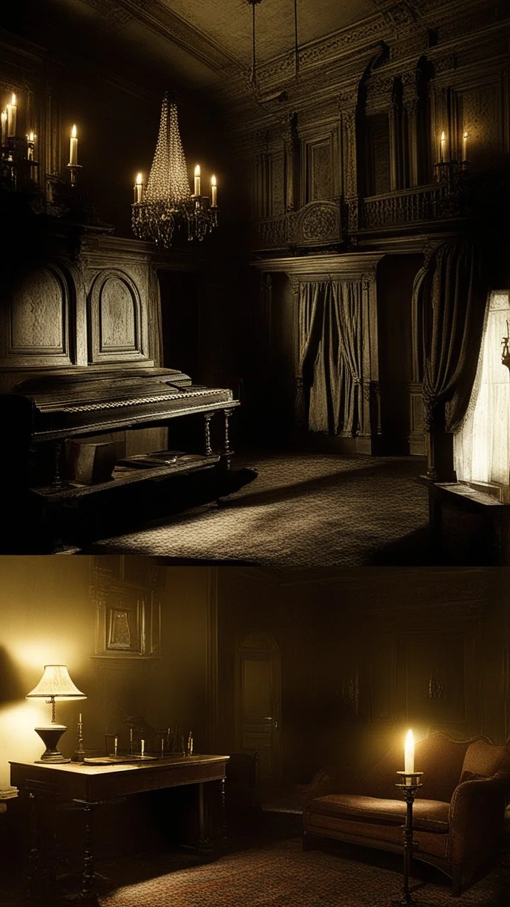 Generate an image of the interior of a haunted castle with dilapidated furniture and dim candlelight, capturing the haunting ambiance of 'Diabel' (1972). Include subtle ghostly apparitions or spectral figures