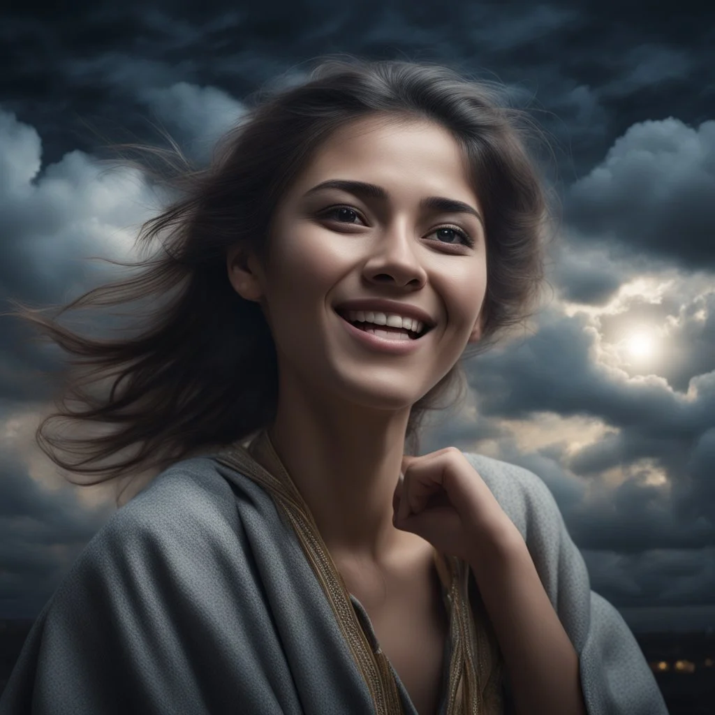 Hyper Realistic happy young-Pushto-woman with cloudy sky & dramatic ambiance at night