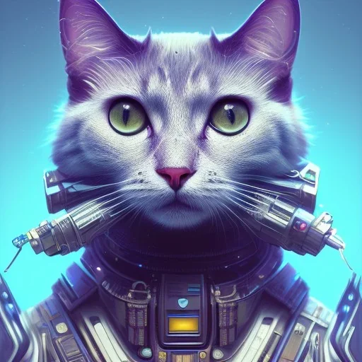 A beautiful portrait of a cute cyberpunk cat by sandra chevrier and, greg rutkowski and wlop, purple blue color scheme, high key lighting, volumetric light, digital art, highly detailed, fine detail, intricate, ornate, complex, octane render, unreal engine, photorealistic