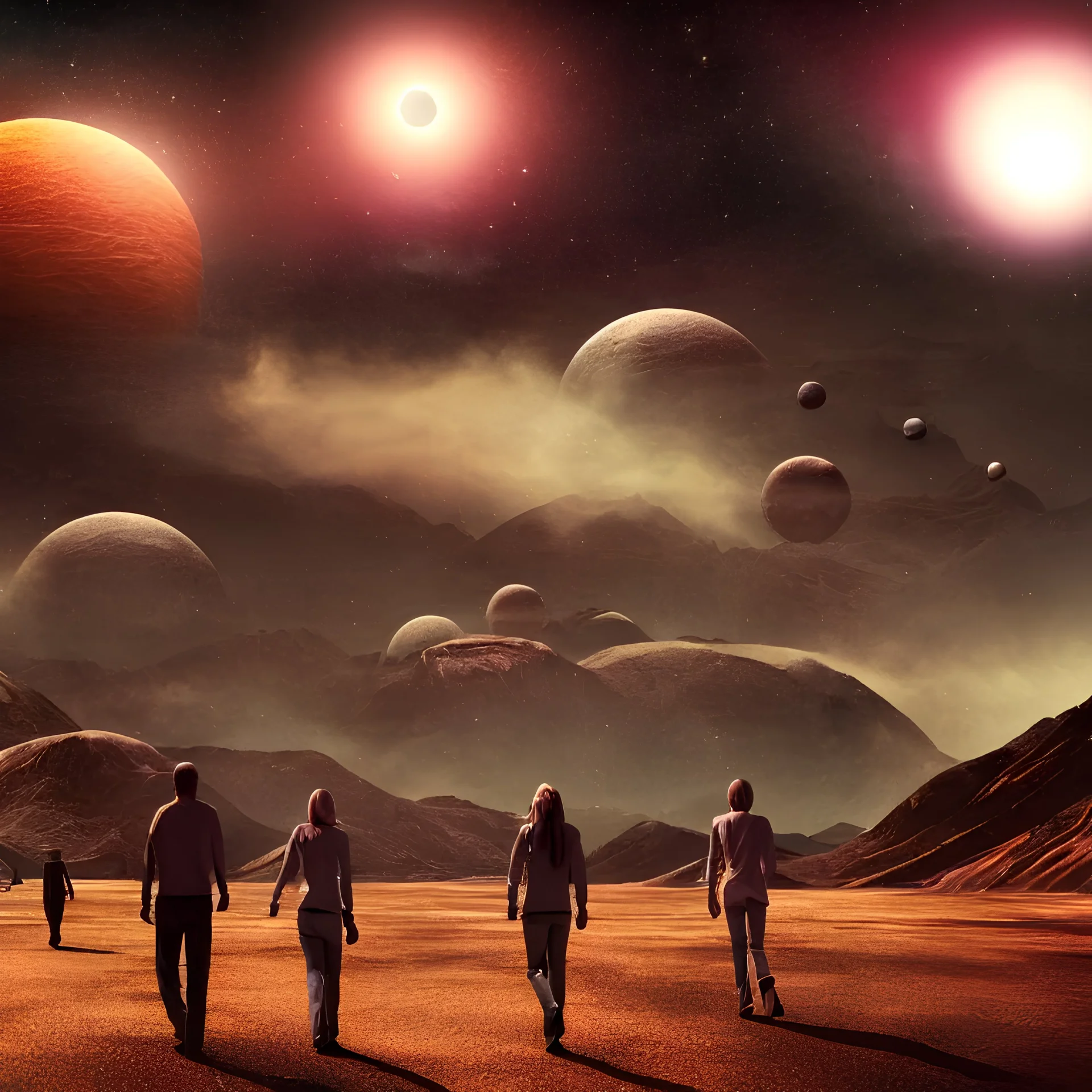 surreal planeta com pessoas extraterrestres andando