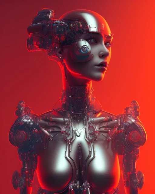 A beautiful portrait of a cyborg women red color scheme, high key lighting, volumetric light high details psychedelic background