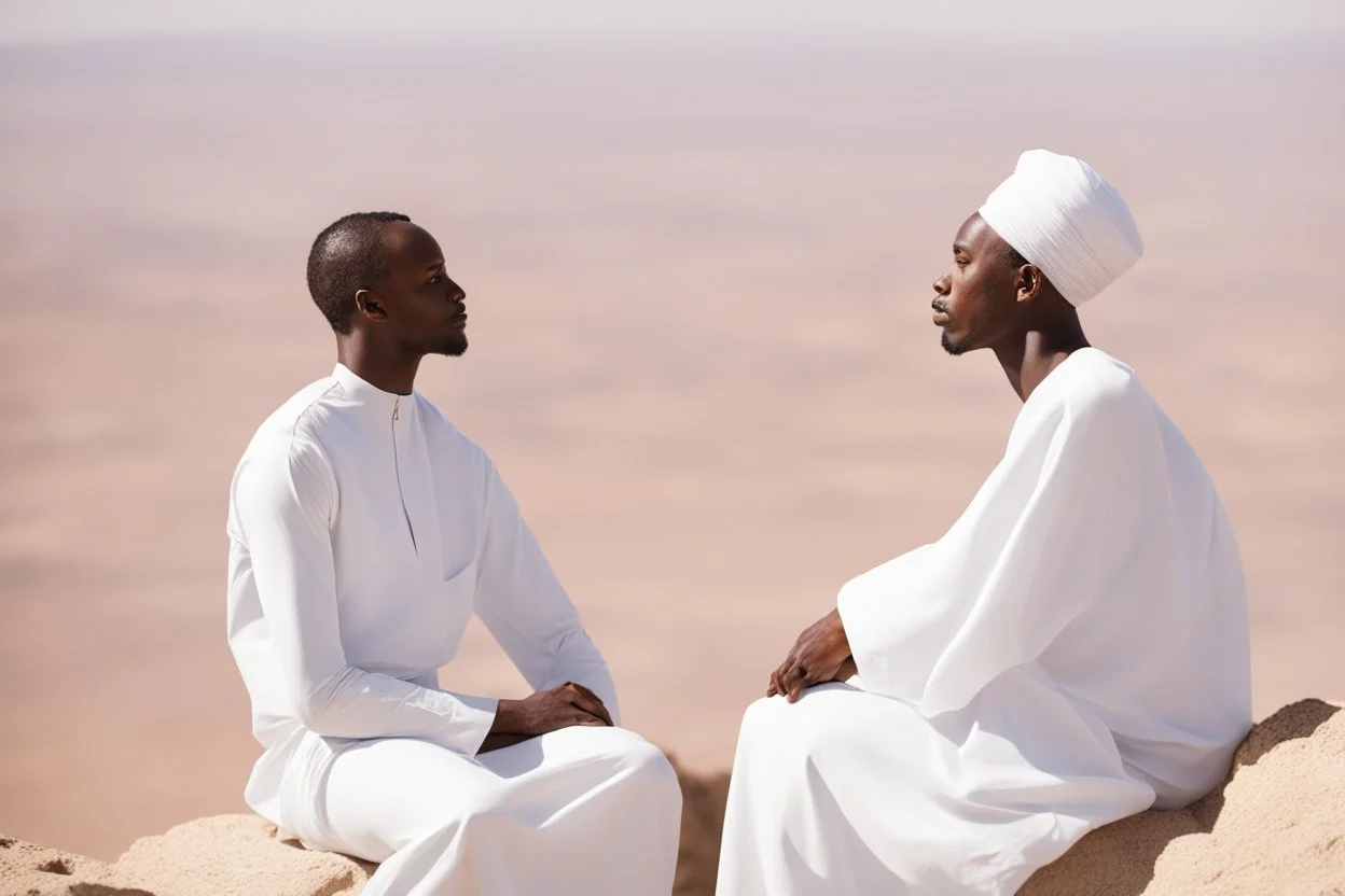 african man wearing white thobe. standing on high mountain looking out to the desert