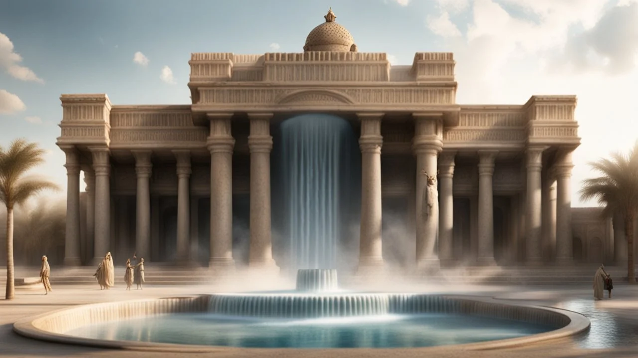 hiperrealistic giant Mesopotamian palace fountain expelling many strange prehistoric lifeforms