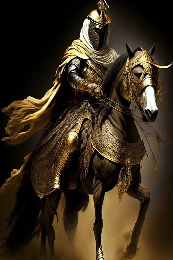 Arab warrior Full Body Full Armored Wearing Face Masculine Mysterious Powerful Fantasy High Quality Carrying his bow Golden clothes His horse behind him