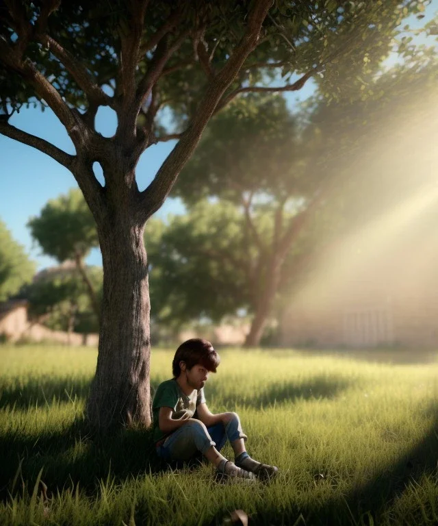 realistic image, spanish boy sitting under a tree, god rays, 8k, 16 bit, vibrant color