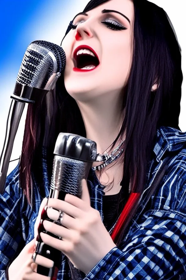 attractive female country music singer leaning forward while holding microphone in one hand, other hand brought up to side of neck, change clothing to plaid in natural tones, leather bracelets on wrists, long hair, mouth open singing, rings on fingers, eyes closed