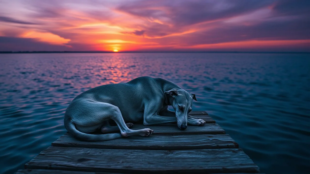 A poignant photograph of a solitary greyhound resting on an aged wooden dock. The dog's sleek, silver-gray coat contrasts with the weathered wood beneath it. Its head hangs low, exuding a sense of sadness and loneliness, while its eyes seem to hold a story of its own. The sky above is a mesmerizing blend of dusky purple and orangish hues, with the last rays of the setting sun casting a warm glow on the calm, deep blue water. The ripples reflect the beauty of the sky, accentuating the dog's melan