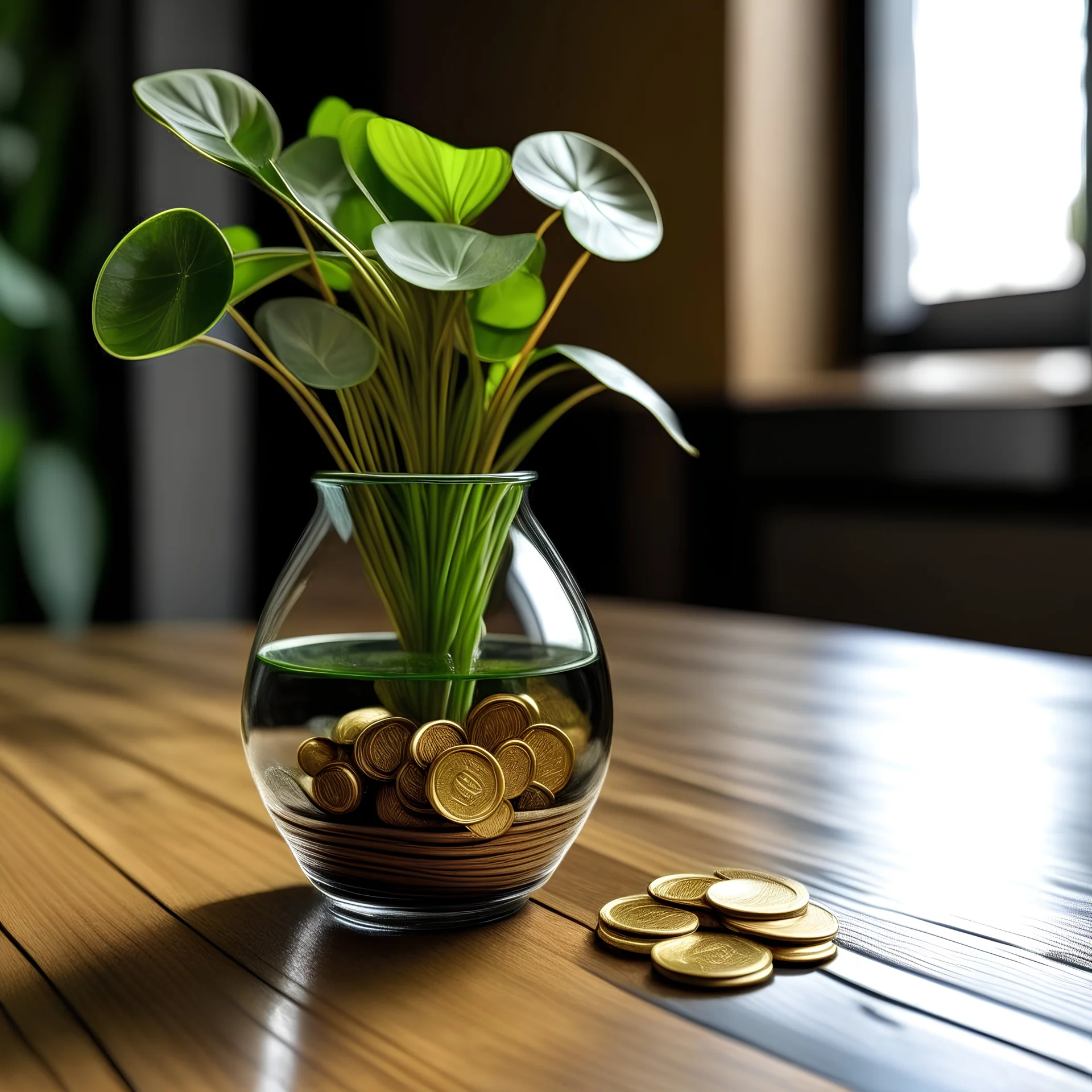 A wooden table with a glass vase containing gold coins and a growing green plant emerging from among the coins