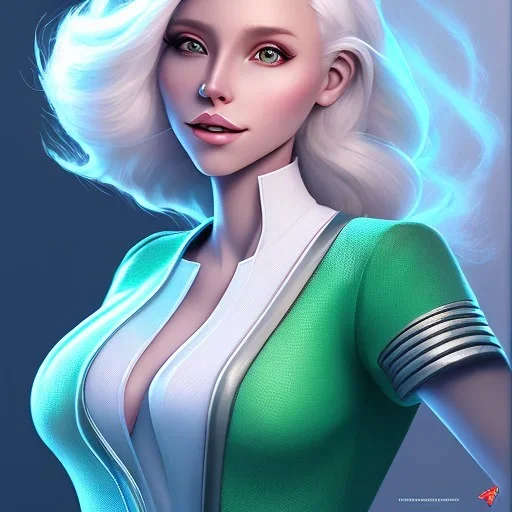 D&D character, female, cleric, platinum blonde hair, gold eyes, smile, teal armor