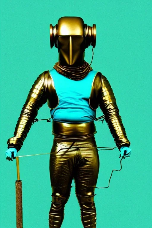 Bronze color, Cyan photograph Cyber-punk, full-mask, AKG-style big headphones, golden rings & disc, fencing mask. Speakers. Asa Akira, sword, lightly armored, electronic circuits. Thick tights, thick calves, arched fell, wide hip, flat belly. Ancient artifact attached. Perfect body. 5-dimensional Escher tiling background. Daft Punk, Tron Movie. Matrix movie clothes, Red leather areas, tippet, latex. Wicked sneakers. 1990's, old telephone microphone. Surreal. Minimal fashion Futurism