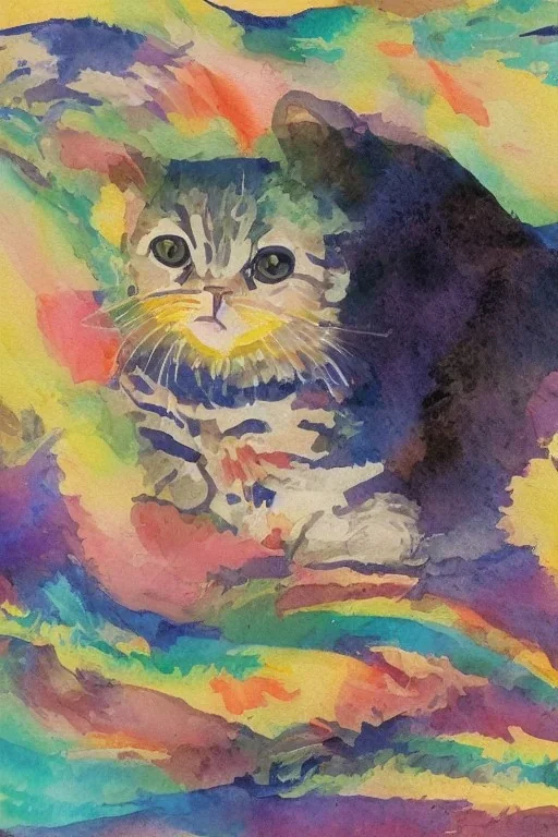 watercolor painting, happy cat, bright color,