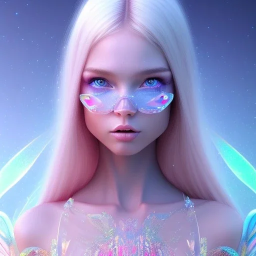  beautiful, soft, whide smile face, long blonde straight hair, blue eyes, fairy wings on the back, transparent crystal blue and pink clothes, background blue and pink, big definition, 8K