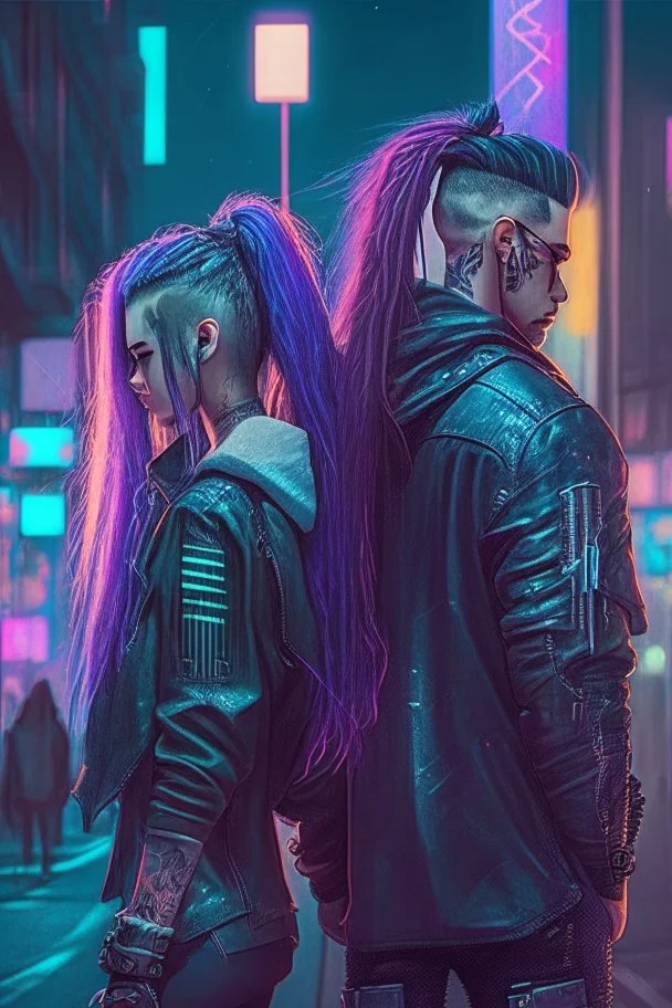 street night men love girl, couple, protective, cyberpunk, undercut long hair