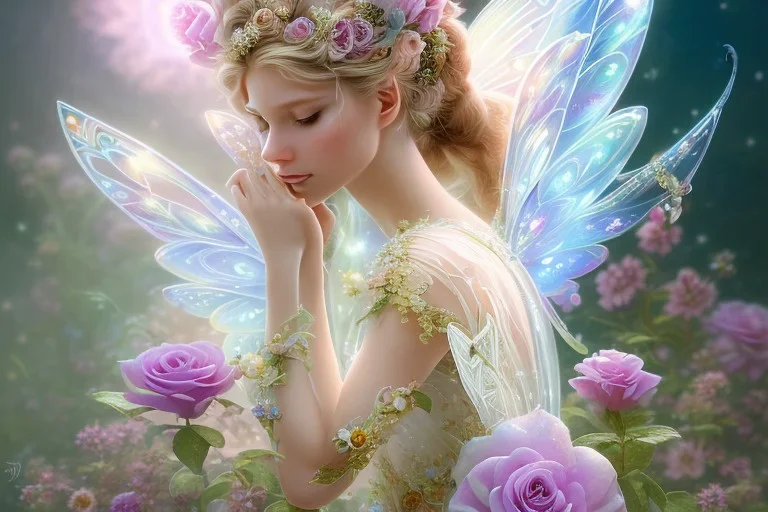 one very little beautiful fairy on a big crystal subtle flower in a galactic ambiance, transparent petals, delicate colors, in the foreground, full of details, smooth, bright sunshine，soft light atmosphere, light effect，vaporwave colorful, concept art, smooth, extremely sharp detail, finely tuned detail, ultra high definition, 8 k, unreal engine 5, ultra sharp focus