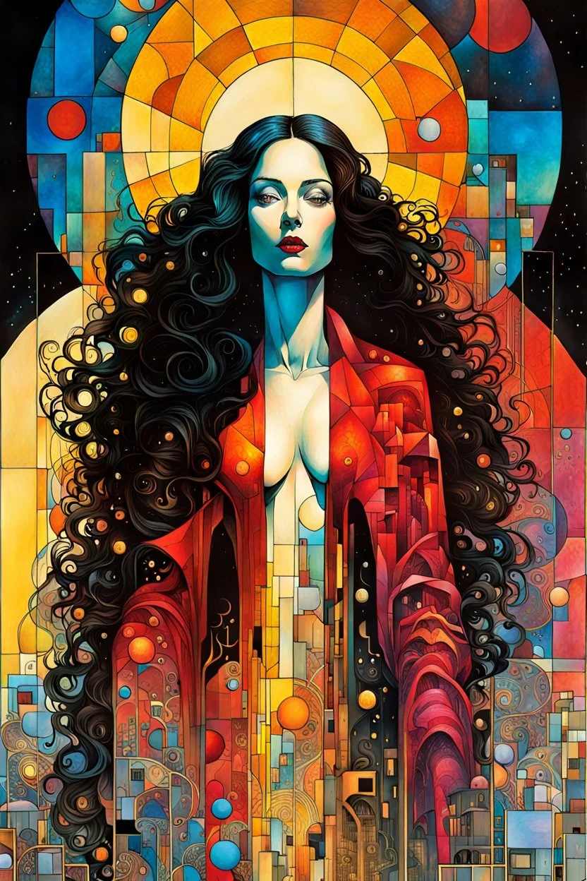 Create chaotic abstract cubist full body religious triptych depicting a post apocalyptic, Gothpunk Saint Mary Magdalene , with highly detailed facial features, in the style of Bill Sienkiewicz, Philippe Druillet, Gustav Klimt, and Jean Giraud Moebius, precisely drawn, colored and inked