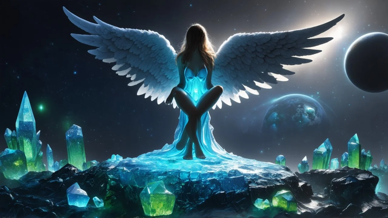 angel with a wings siting on the blue monolith made of blue tiberium crystals of lights, matrix universe, planets on the back grounds, green crystals of tiberium on the life and right