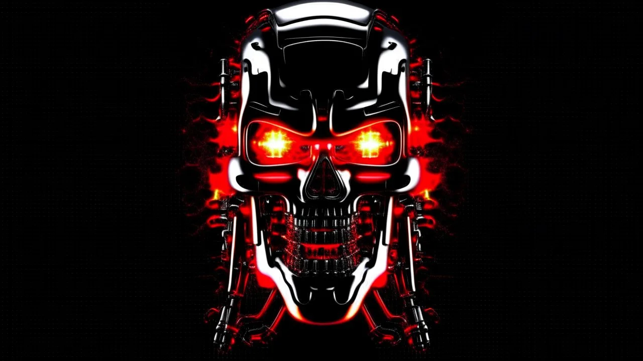 Logo emission radio metal terminator flammes en arriere plan.4k full realism, ultra details, lumieres maximum.