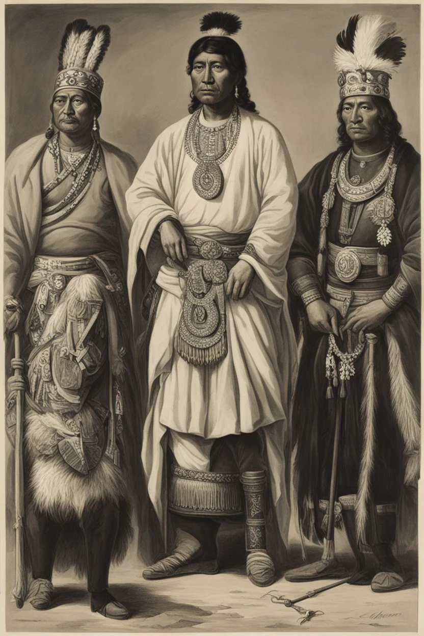 From left to right, from Portraits of Four Indian Kings of Canada by John Simon: Etow Oh Koam, King of the River Nation; a Ga Yeath Pieth Tow, King of the Maquas; Tee Yee Neen Ho Ga Row, Emperour of the Six Nations; Ho Nee Yeath Taw No Row, King of the Generethgarich, via Wikimedia Commons