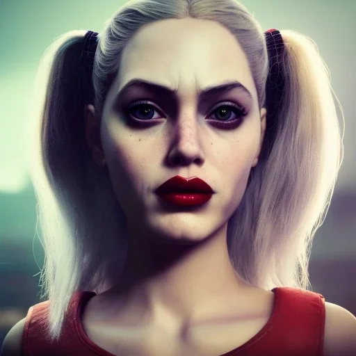 analog style,beautiful girl portrait, simmetric eyes, ambient, harley quinn make up outfit, ultra realistic photo,gotham city, unreal engine, paloroid, 100mm --aspect ratio 1:1