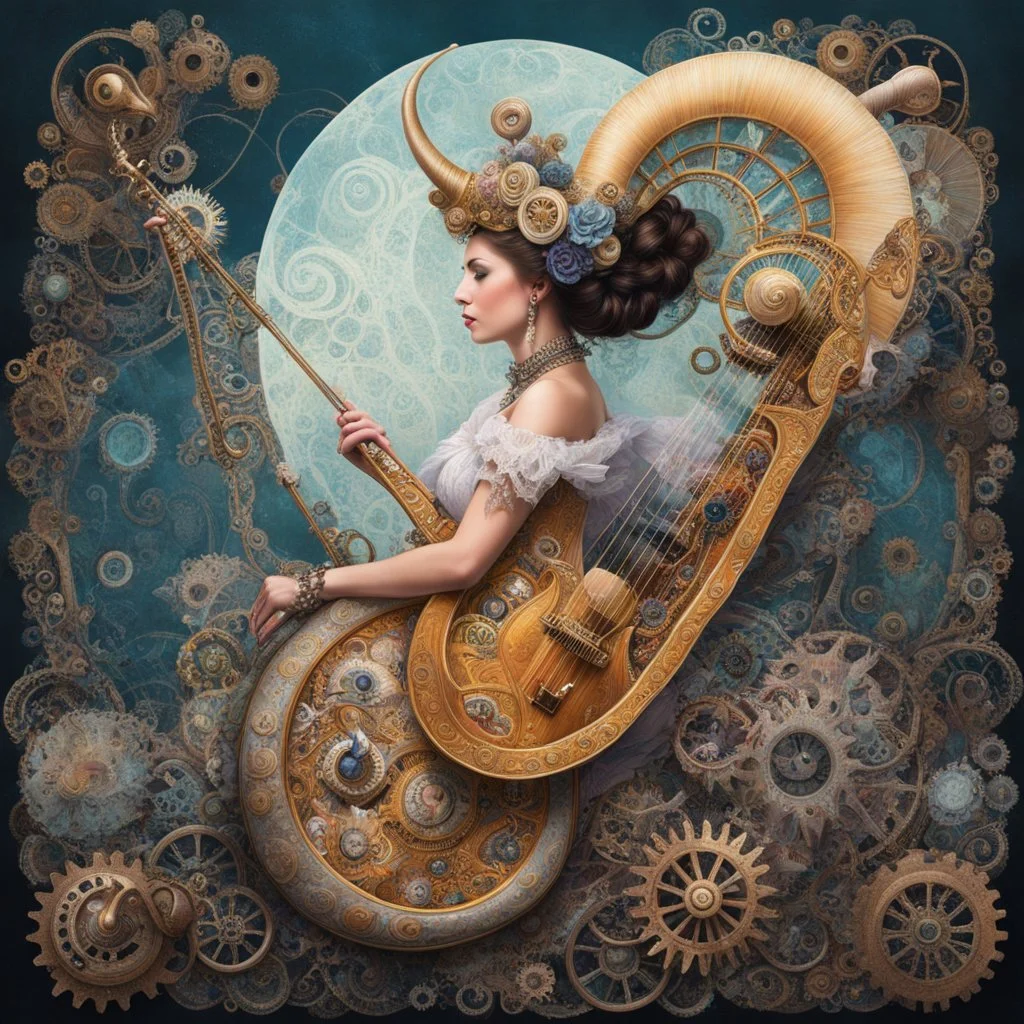 Surreal rococo and whimsy style, harpist lady plays strings, atop a three-horned snail infused with steampunk aesthetics, gears and pipes evident, tendrils of steam, pastel colors, intricate lace details, snail shell spiraling elegantly, octane rendering, ultra fine detail.