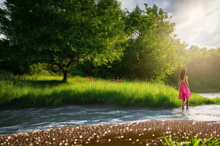 shot from front ,green field and wild flower field ,beautiful girl in pretty dress curly hair walking in water toward camera in trees next to wavy river with clear water and nice sands in floor.camera capture from her full body front, spring blosom walking to camera ,wild flowers moving in the wind ,blue sky,moving pretty clouds ,joy full facet.