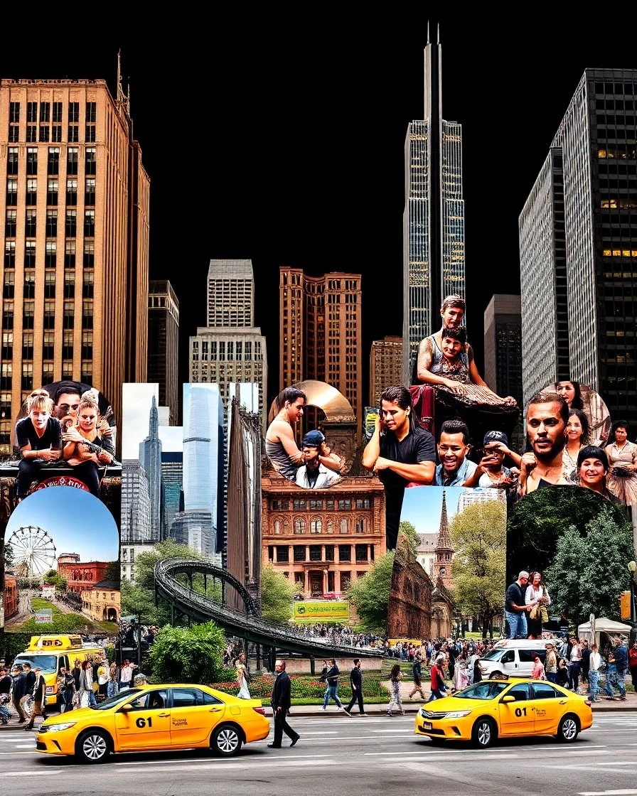 Prompt : A striking high-contrast, cinematic photo-style vertical collage that captures the essence of the City. Each letter of "CHICAGO" is represented by a dynamic and vibrant scene, with different iconic landmarks and moments in time. Grand buildings and Parks dominate the background, while smaller scenes such as bustling street life, yellow taxis, and people performing various activities fill the foreground. The overall mood is energetic and lively, with an emphasis on the vibrant spirit of