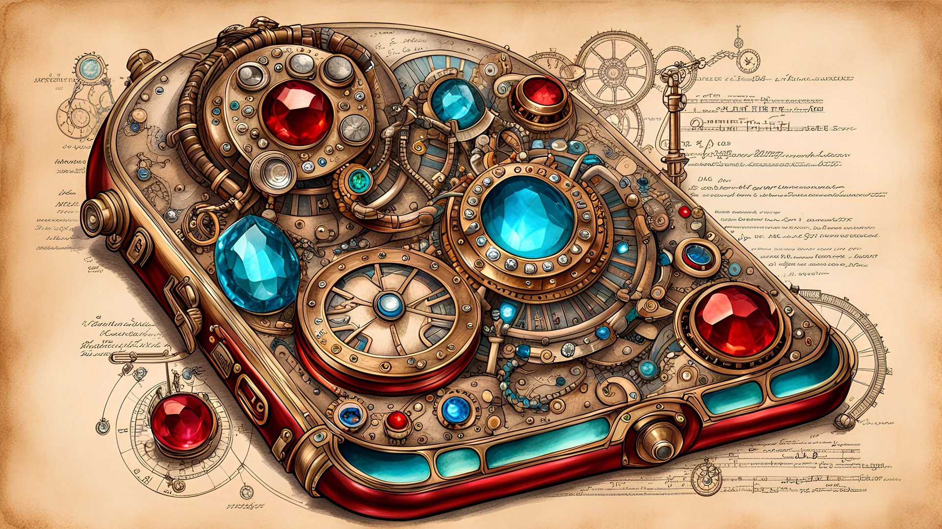 ((HAND_DRAWN_JEWELED_TECHNICAL PARCHMENT)) detailed topical view schematic of iridescent_steampunk_vintage_phone on ((jeweled_text_covered_parchment_with smoldering_edges_and_bold_lines)), vivid tattoo ink, shiny glass jewels, masterpiece, 16k, ultra-detailed, sharp focus, red and green, deep color, vibrant, wet, gloss